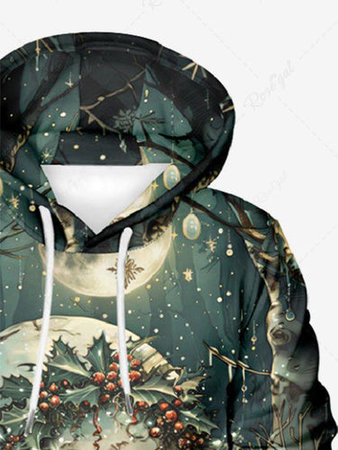 Gothic Plus Size Christmas Holly Fruit Snowflake Skull Tree Print Drawstring Pocket Hoodie For Men