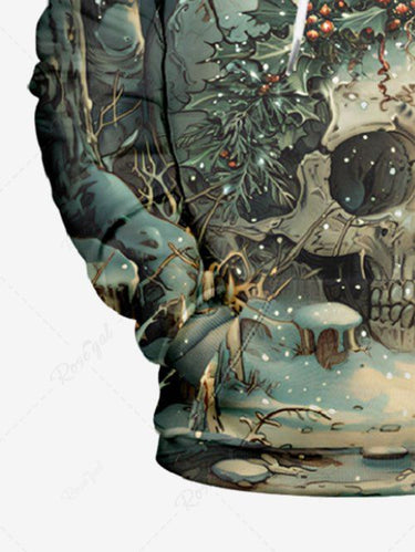 Gothic Plus Size Christmas Holly Fruit Snowflake Skull Tree Print Drawstring Pocket Hoodie For Men