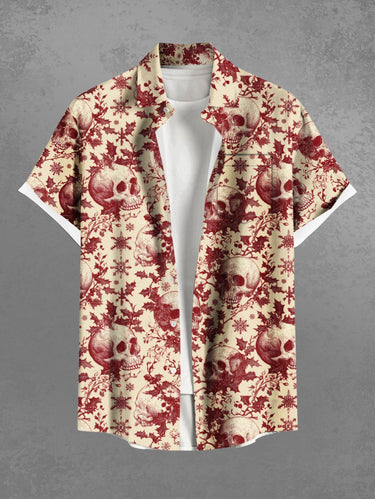 Gothic Plus Size Christmas Holly Fruit Snowflake Skulls Print Buttons Pocket Shirt For Men