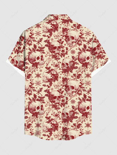 Gothic Plus Size Christmas Holly Fruit Snowflake Skulls Print Buttons Pocket Shirt For Men