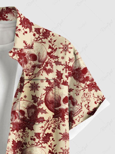 Gothic Plus Size Christmas Holly Fruit Snowflake Skulls Print Buttons Pocket Shirt For Men