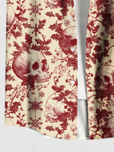 Gothic Plus Size Christmas Holly Fruit Snowflake Skulls Print Buttons Pocket Shirt For Men