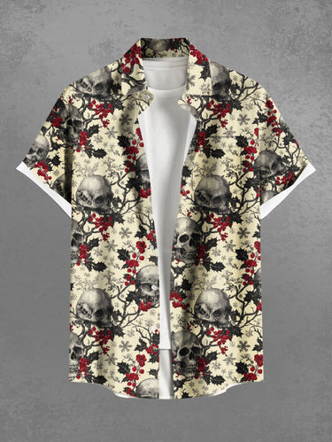 Gothic Plus Size Christmas Holly Fruit Snowflake Skulls Flowers Print Buttons Pocket Shirt For Men