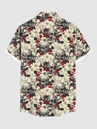 Gothic Plus Size Christmas Holly Fruit Snowflake Skulls Flowers Print Buttons Pocket Shirt For Men