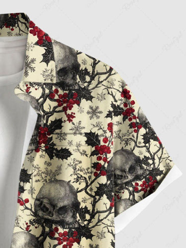 Gothic Plus Size Christmas Holly Fruit Snowflake Skulls Flowers Print Buttons Pocket Shirt For Men