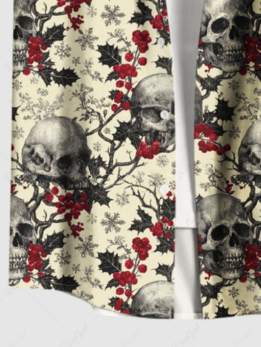 Gothic Plus Size Christmas Holly Fruit Snowflake Skulls Flowers Print Buttons Pocket Shirt For Men