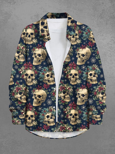 Gothic Plus Size Skulls Flowers Snowflake Print Buttons Pocket Shirt For Men