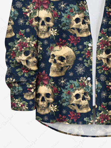 Gothic Plus Size Skulls Flowers Snowflake Print Buttons Pocket Shirt For Men