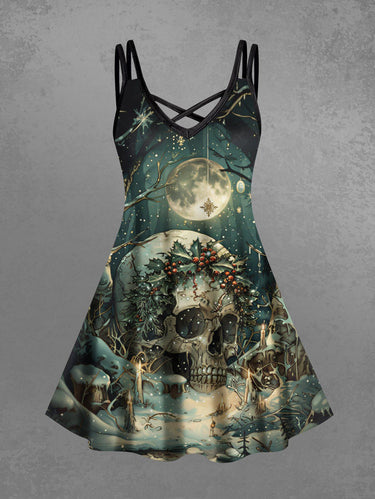 Gothic Plus Size Christmas Holly Fruit Snowflake Skull Tree Print Crisscross Cami Dress