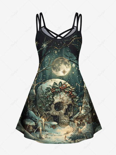 Gothic Plus Size Christmas Holly Fruit Snowflake Skull Tree Print Crisscross Cami Dress