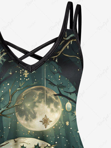 Gothic Plus Size Christmas Holly Fruit Snowflake Skull Tree Print Crisscross Cami Dress