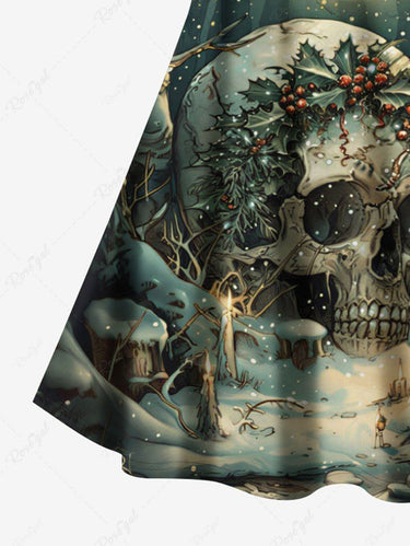 Gothic Plus Size Christmas Holly Fruit Snowflake Skull Tree Print Crisscross Cami Dress