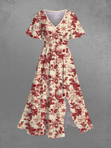 Gothic Plus Size Christmas Holly Fruit Snowflake Skulls Print Split Midi Dress