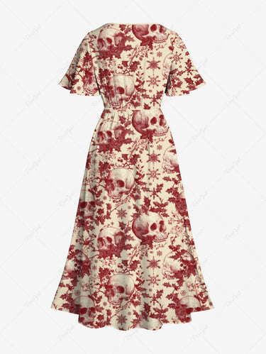 Gothic Plus Size Christmas Holly Fruit Snowflake Skulls Print Split Midi Dress