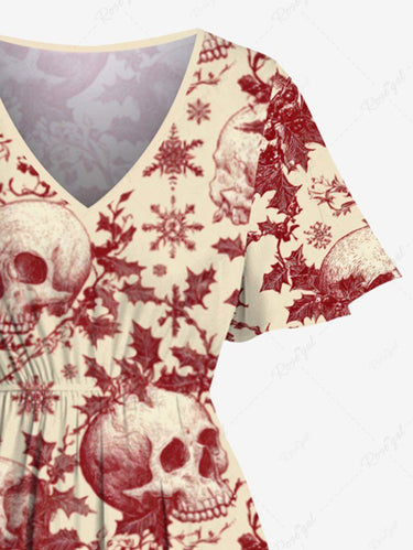 Gothic Plus Size Christmas Holly Fruit Snowflake Skulls Print Split Midi Dress