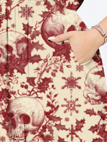 Gothic Plus Size Christmas Holly Fruit Snowflake Skulls Print Split Midi Dress
