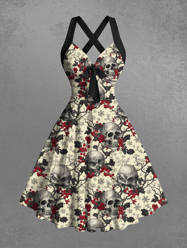 Gothic Christmas Holly Fruit Snowflake Skulls Flowers Print Crisscross Straps Bowknot Tank Dress