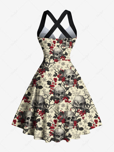 Gothic Christmas Holly Fruit Snowflake Skulls Flowers Print Crisscross Straps Bowknot Tank Dress