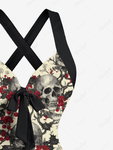 Gothic Christmas Holly Fruit Snowflake Skulls Flowers Print Crisscross Straps Bowknot Tank Dress