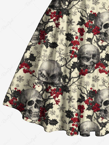 Gothic Christmas Holly Fruit Snowflake Skulls Flowers Print Crisscross Straps Bowknot Tank Dress