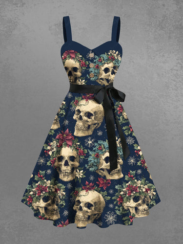 Gothic Plus Size Skulls Flowers Snowflake Print Buttons Turn Down Collar Dress With Belt