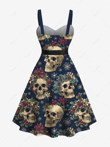Gothic Plus Size Skulls Flowers Snowflake Print Buttons Turn Down Collar Dress With Belt