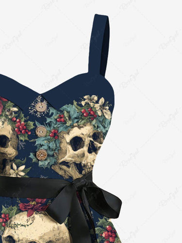 Gothic Plus Size Skulls Flowers Snowflake Print Buttons Turn Down Collar Dress With Belt