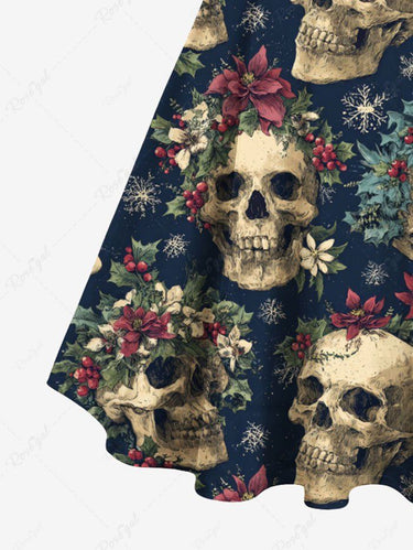 Gothic Plus Size Skulls Flowers Snowflake Print Buttons Turn Down Collar Dress With Belt