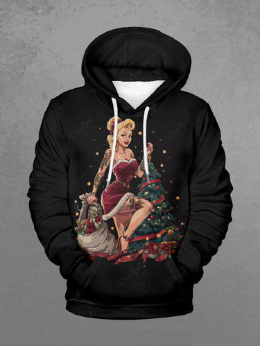 Gothic Plus Size Christmas Tree Ball Lady Elf Print Drawstring Pockets Hoodie For Men