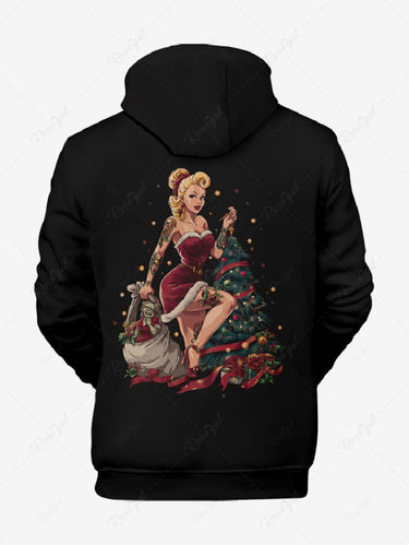 Gothic Plus Size Christmas Tree Ball Lady Elf Print Drawstring Pockets Hoodie For Men