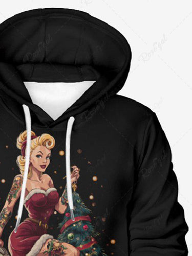 Gothic Plus Size Christmas Tree Ball Lady Elf Print Drawstring Pockets Hoodie For Men