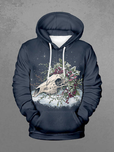Gothic Plus Size Christmas Holly Fruit Skull Galaxy Star Print Drawstring Pockets Hoodie For Men