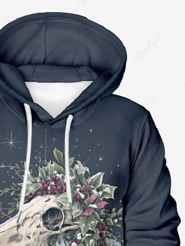 Gothic Plus Size Christmas Holly Fruit Skull Galaxy Star Print Drawstring Pockets Hoodie For Men