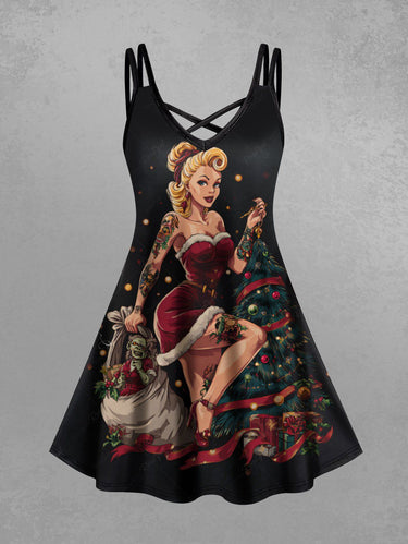 Gothic Plus Size Christmas Tree Ball Lady Elf Print Crisscross Cami Dress