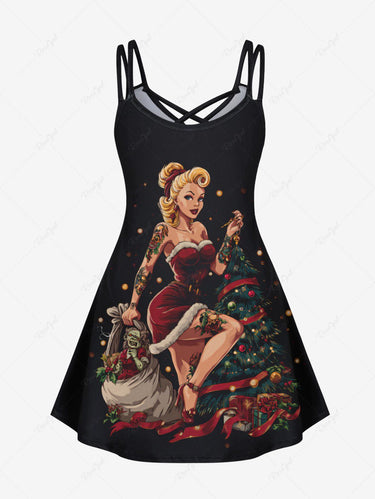 Gothic Plus Size Christmas Tree Ball Lady Elf Print Crisscross Cami Dress
