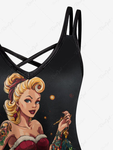 Gothic Plus Size Christmas Tree Ball Lady Elf Print Crisscross Cami Dress