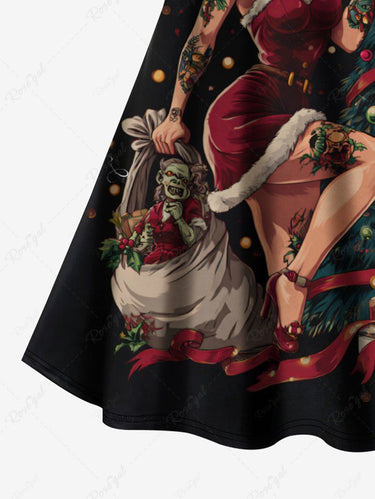Gothic Plus Size Christmas Tree Ball Lady Elf Print Crisscross Cami Dress