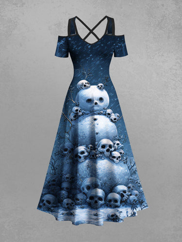 Gothic Plus Size Christmas Skulls Snowman Galaxy Print Cold Shoulder Crisscross Maxi Dress