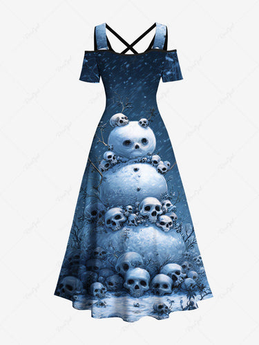 Gothic Plus Size Christmas Skulls Snowman Galaxy Print Cold Shoulder Crisscross Maxi Dress