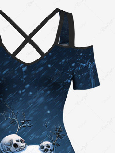 Gothic Plus Size Christmas Skulls Snowman Galaxy Print Cold Shoulder Crisscross Maxi Dress