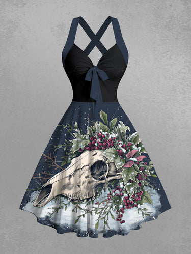 Gothic Christmas Holly Fruit Skull Galaxy Star Print Crisscross Straps Bowknot Tank Dress