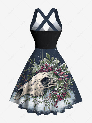 Gothic Christmas Holly Fruit Skull Galaxy Star Print Crisscross Straps Bowknot Tank Dress