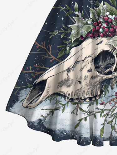 Gothic Christmas Holly Fruit Skull Galaxy Star Print Crisscross Straps Bowknot Tank Dress