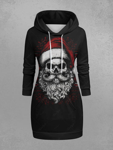 Gothic Plus Size Christmas Skull Santa Claus Print Drawstring Pockets Hoodie