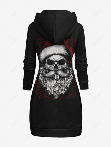 Gothic Plus Size Christmas Skull Santa Claus Print Drawstring Pockets Hoodie