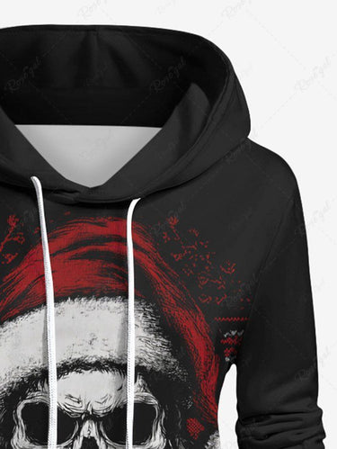 Gothic Plus Size Christmas Skull Santa Claus Print Drawstring Pockets Hoodie