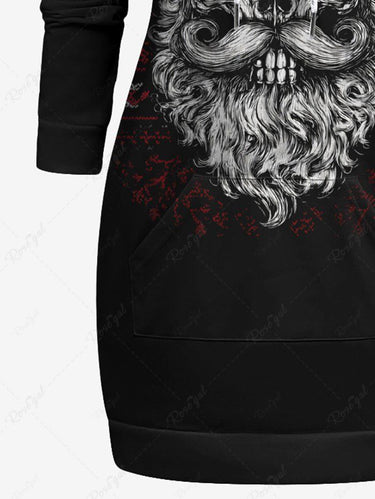 Gothic Plus Size Christmas Skull Santa Claus Print Drawstring Pockets Hoodie