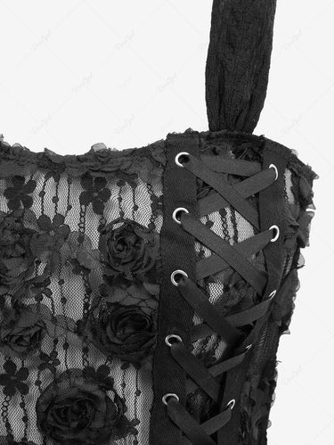 Gothic 3D Rose Flower Lace Jacquard Lace-up Geometric Graphic Back See-through Top