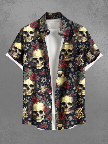 Gothic Plus Size Skulls Flowers Leaf Print Buttons Pocket Shirt For Men