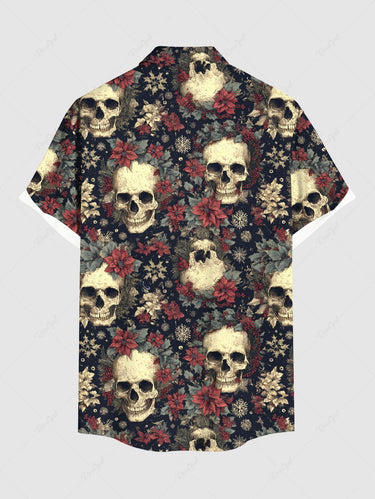 Gothic Plus Size Skulls Flowers Leaf Print Buttons Pocket Shirt For Men